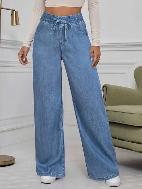 womens high waisted solid color straight leg jeans elastic waist drawstring lightweight and breathable slanted pockets loose and comfortable versatile casual jeans everyday wear
