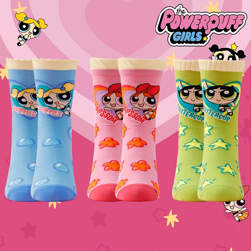 TEMU 1 Pair/3 Pairs Women Powerpuff Cartoon Mid-calf Socks, Cute Anime Lace-trim Unisex Casual Socks