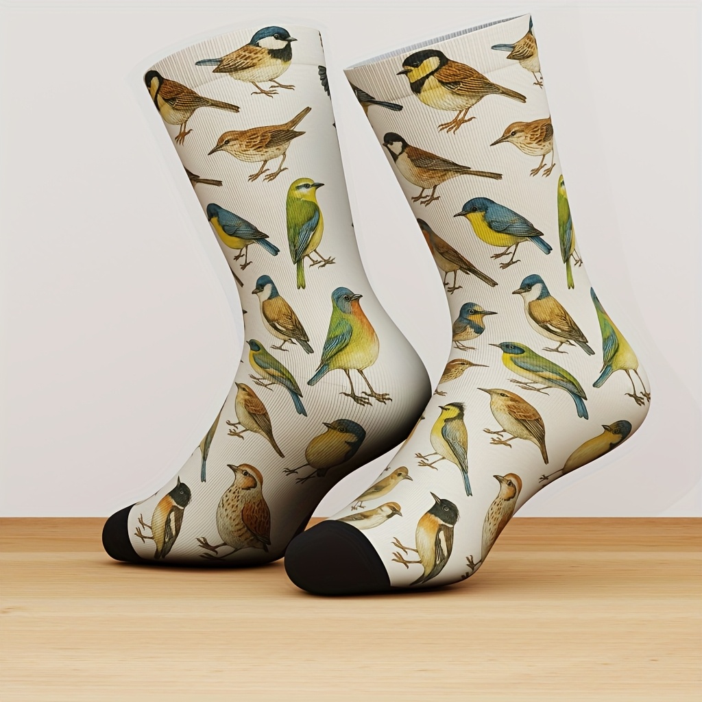 E-shop 1 Paar Crew-Socken mit Gartenvögel-Illustration, weiche & atmungsaktive Bambusfaser, Unisex-Crew-Socken mit Tiergrafik, Vintage-Naturstil, ideal