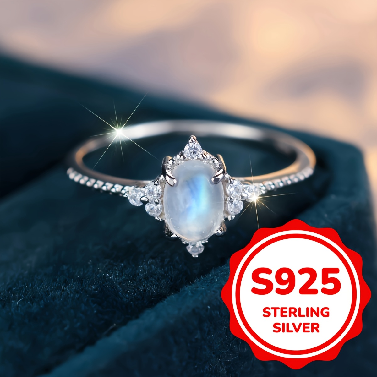 Handcrafted S925 Silver Rhombus Ring with Oval Moonstone