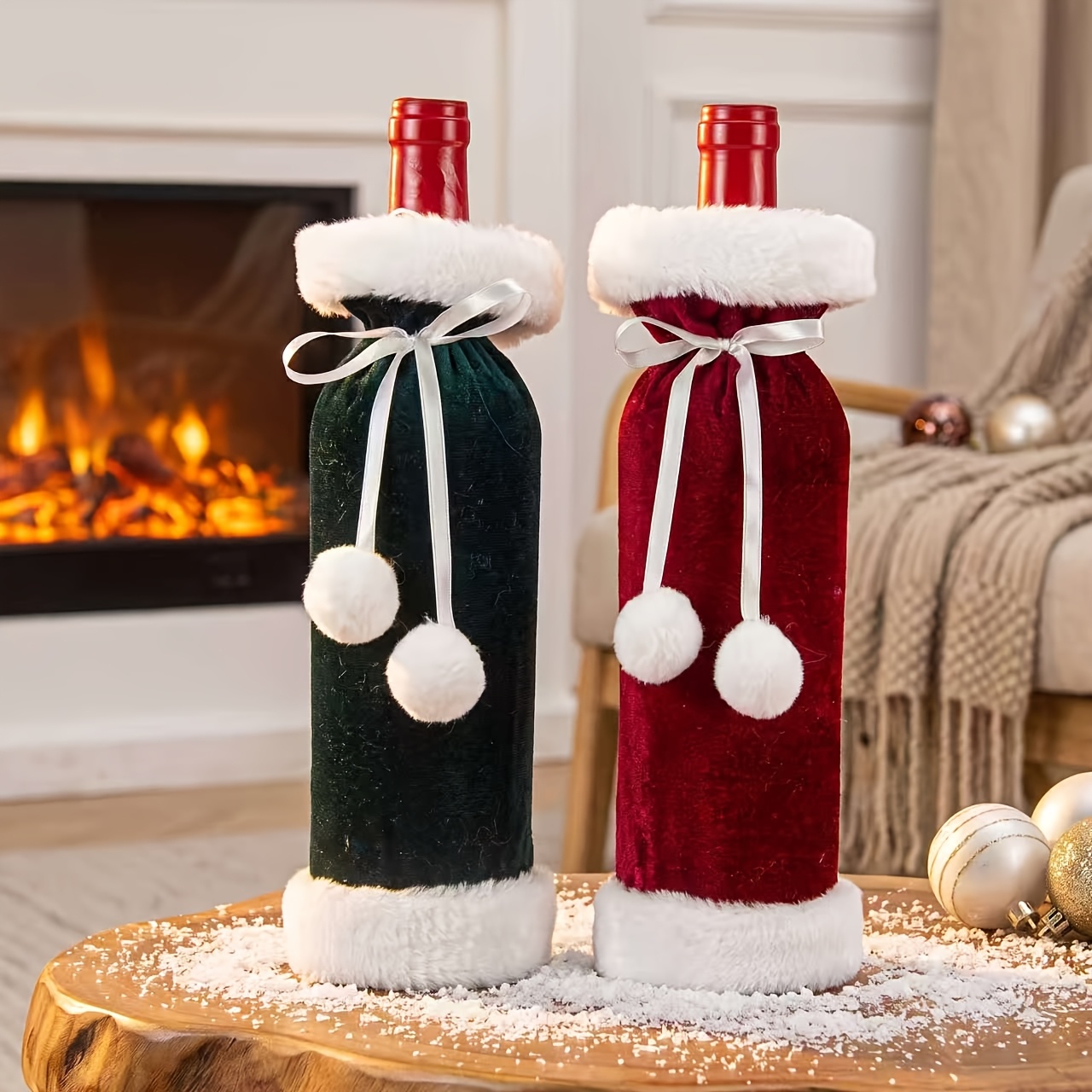 Image of Christmas Decoration Velvet Wine Bottle Set, Wine Bottle Set, Restaurant Hotel Wine Bottle Decoration Props, Holiday Decoration Props