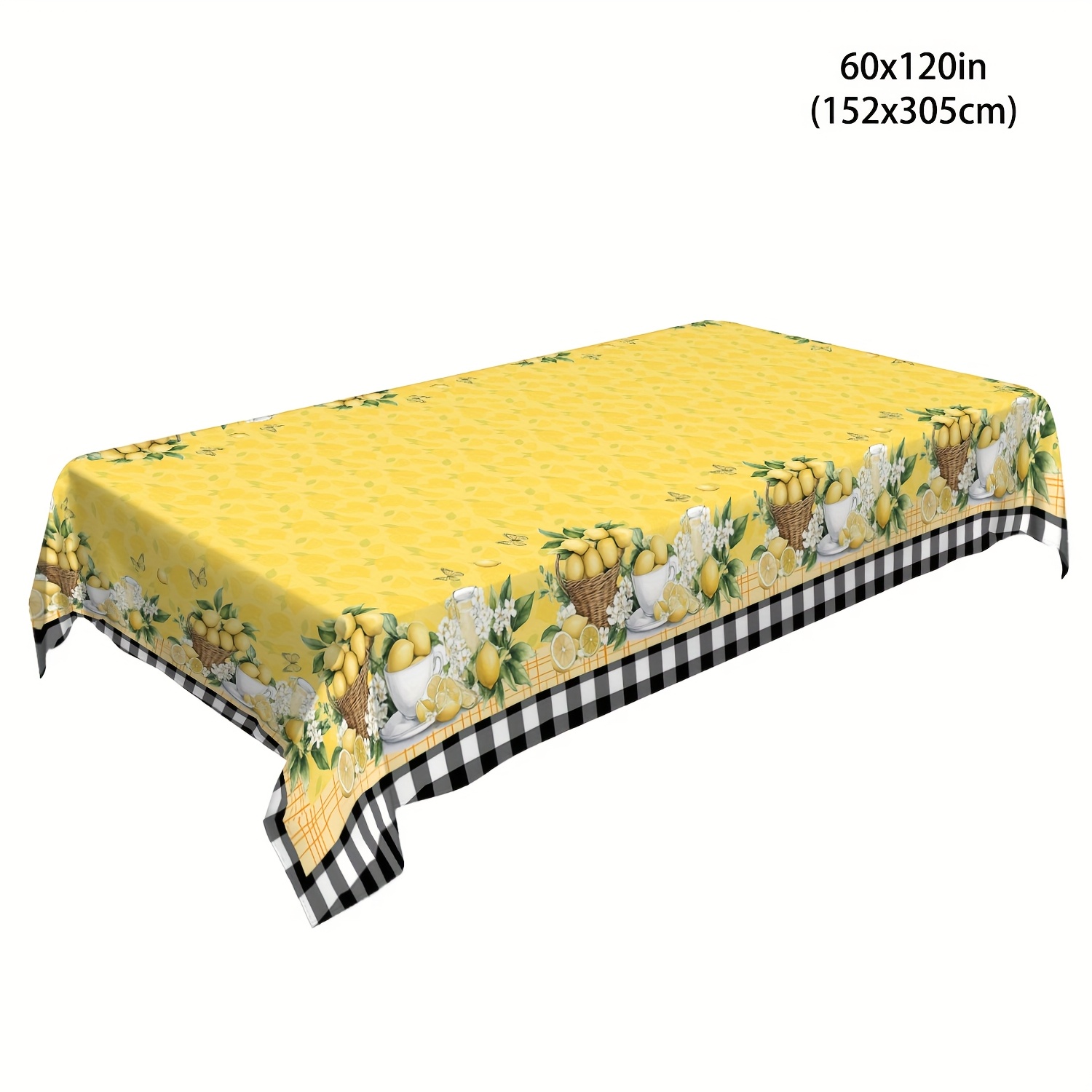 TEMU 1pc Vibrant Summer Checkered Tablecloth - Durable Polyester, Rectangular Design With Yellow Background & White Lemons, Outdoor Dining, Camping,