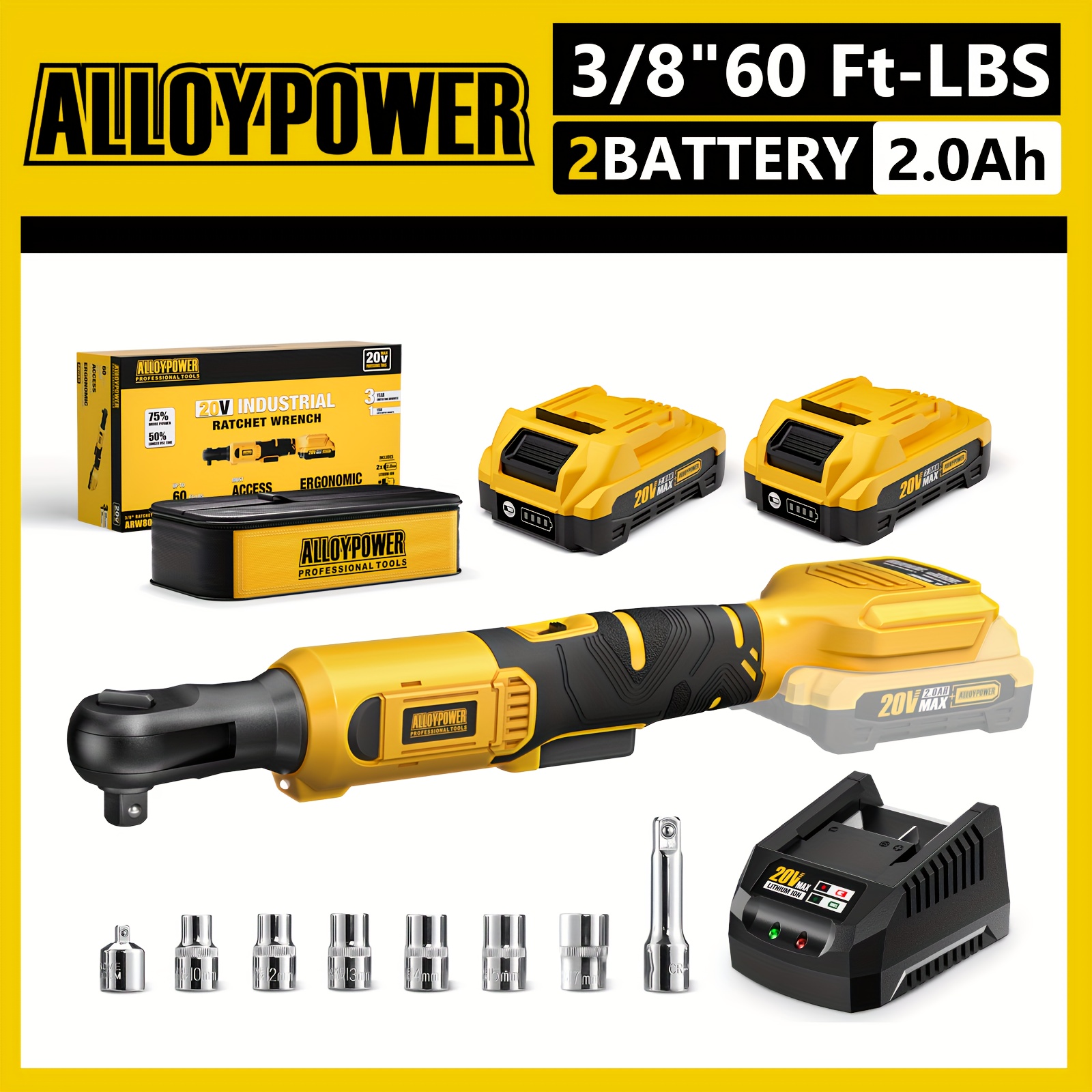 TEMU Alloyman 3/8" Cordless Ratchet Wrench Set, 60ft-lbs (80n.m) Electric Ratchet, 2 X 20v Chargeable Power Ratchet Wrench With Variable Speed, Led