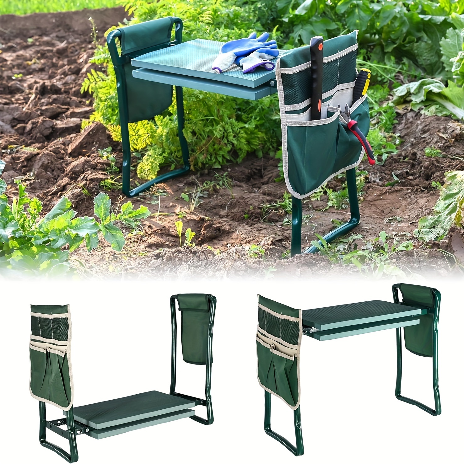 

Un siège de jardinage et un banc, avec un grand et un petit sac à outils en tissu et un coussin en mousse EVA, pour les fournitures de jardin, de maison et d'extérieur.