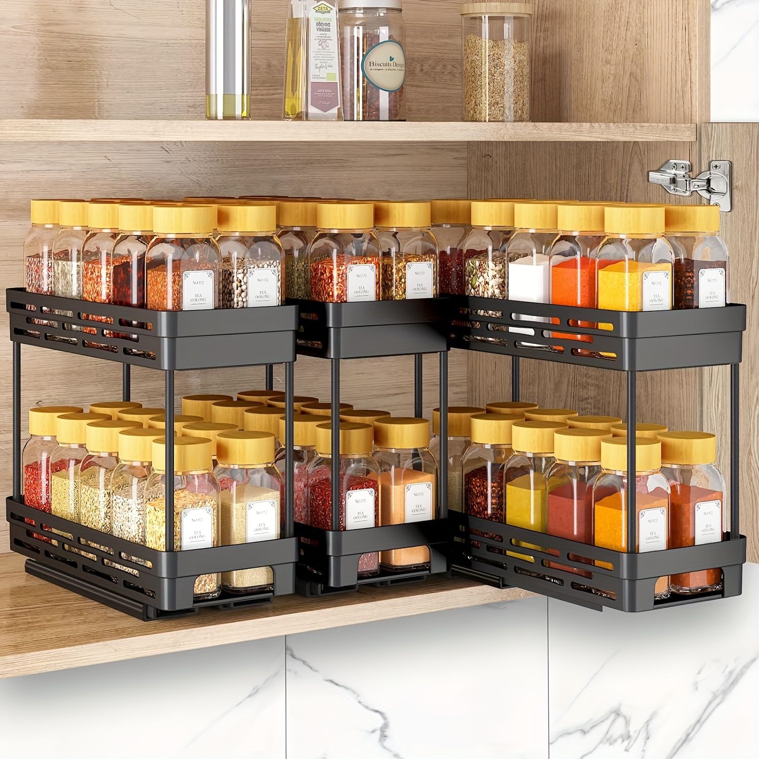 

3pcs Easy-install Pull-out Spice Rack Organizer For Cabinets - , Slide-out Design Holds 10 Spice Jars Tier