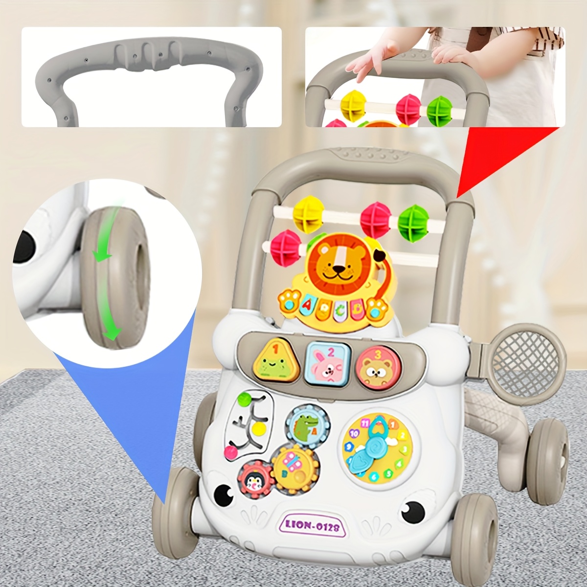 2-in-1 Toddler Walker and Sitting Toy - with Wheels, Educational Pusher, Interactive Game Panel, and Colorful Buttons, Durable ABS Material, Perfect Gift for 6-12 Month Babies, Random Colors