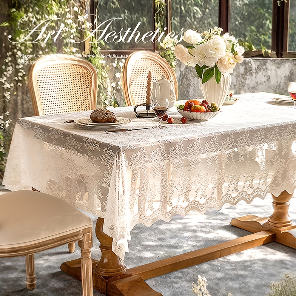 Image of 1pc Lace Tablecloth Artistic French Rectangular Tablecloth White Decorative Hollow Tablecloth, Suitable For Weddings, Parties And Home Decor