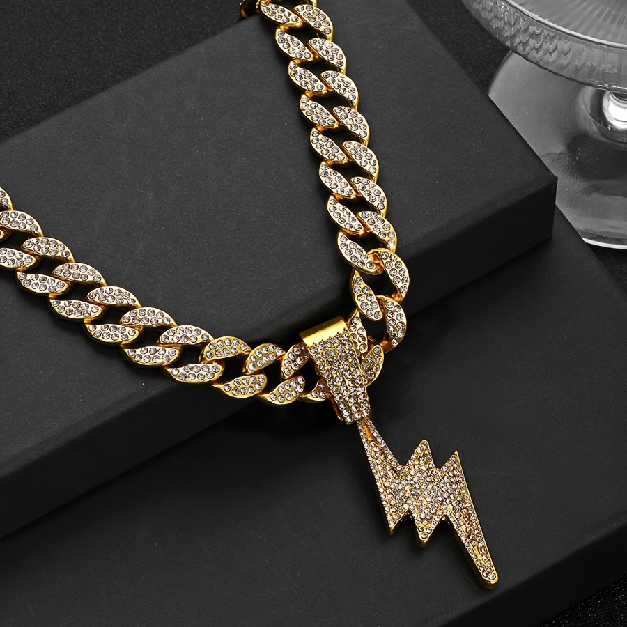 

Cool Full Faux Diamond Lightning Pendant Street Rap Hip-hop Style Cuban Necklace Accessories