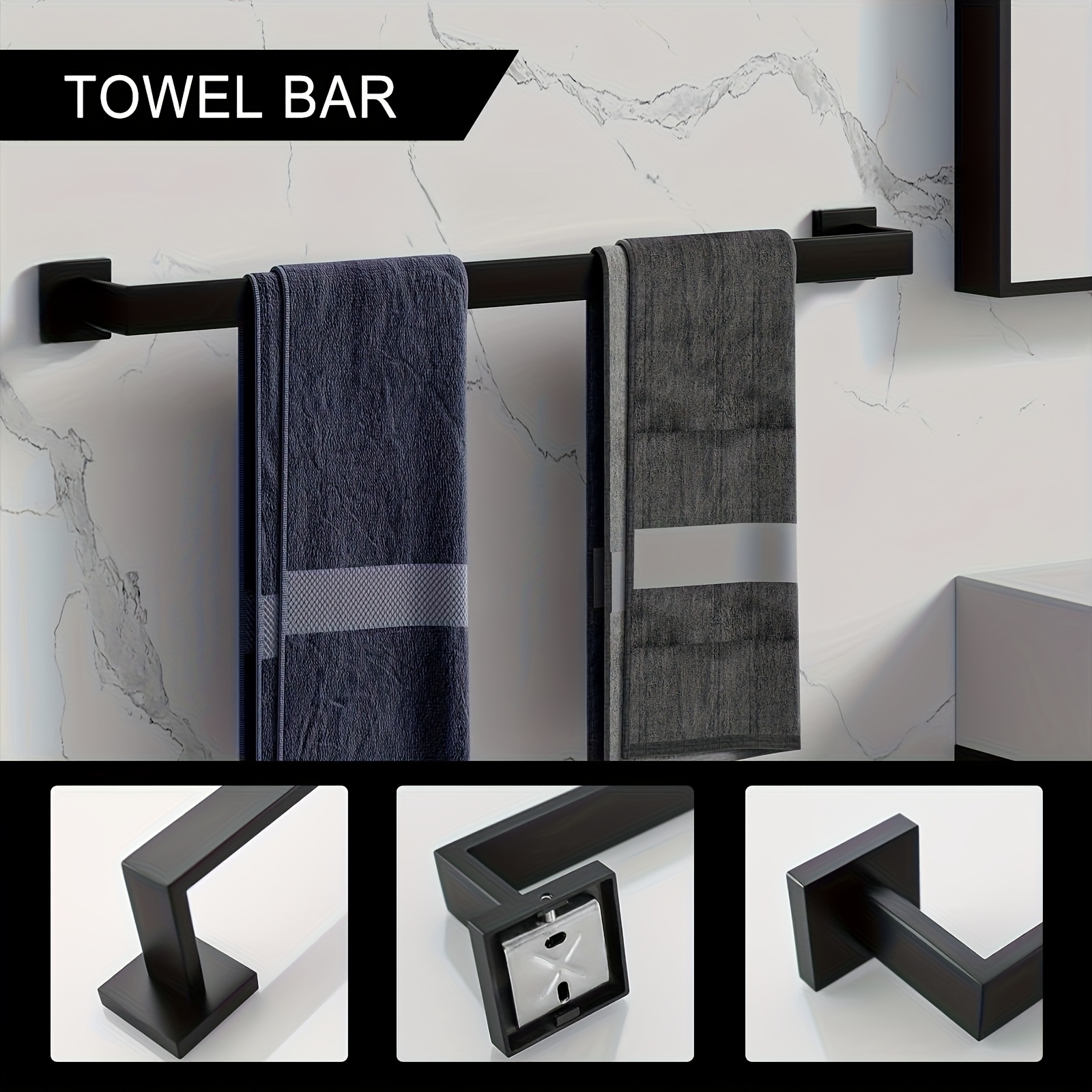 TEMU High-quality Stainless Steel Towel Rack, Black Square And Round Towel Racks, With Drilled-hole Installation, Thick Stainless Steel Material Is