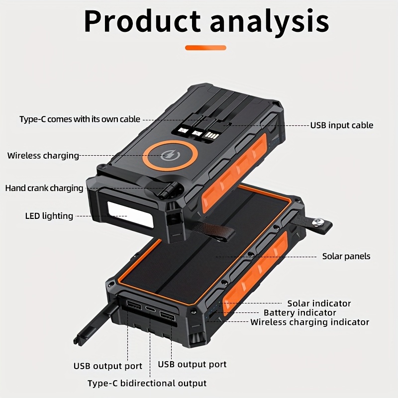 power bank wireless charger 30000mah   with a wire hand crank   cables 15w fast charging power   outputs 4   solar portable charger sos strobe strong flashlights orange Product details 4