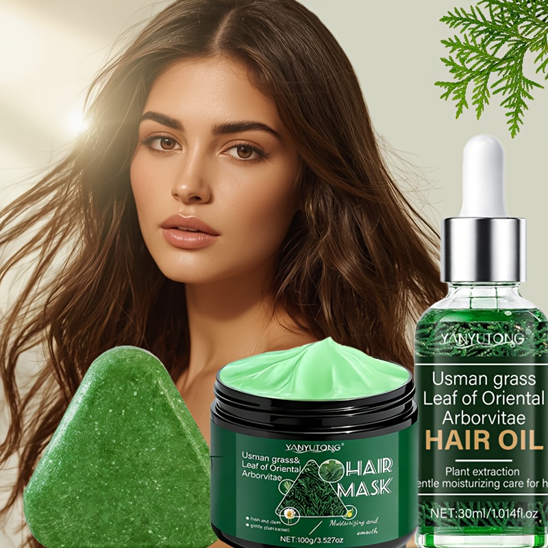 Image of Yanyutong Leaf And Grass Hair Care Set, Includes Shampoo Bar, Hair Mask, And Hair Oil, Enriched With Ginseng, Leaf, And Other , Gently Cleanses Hair, Hydrates, Controls Oil, Refreshing And Non-greasy