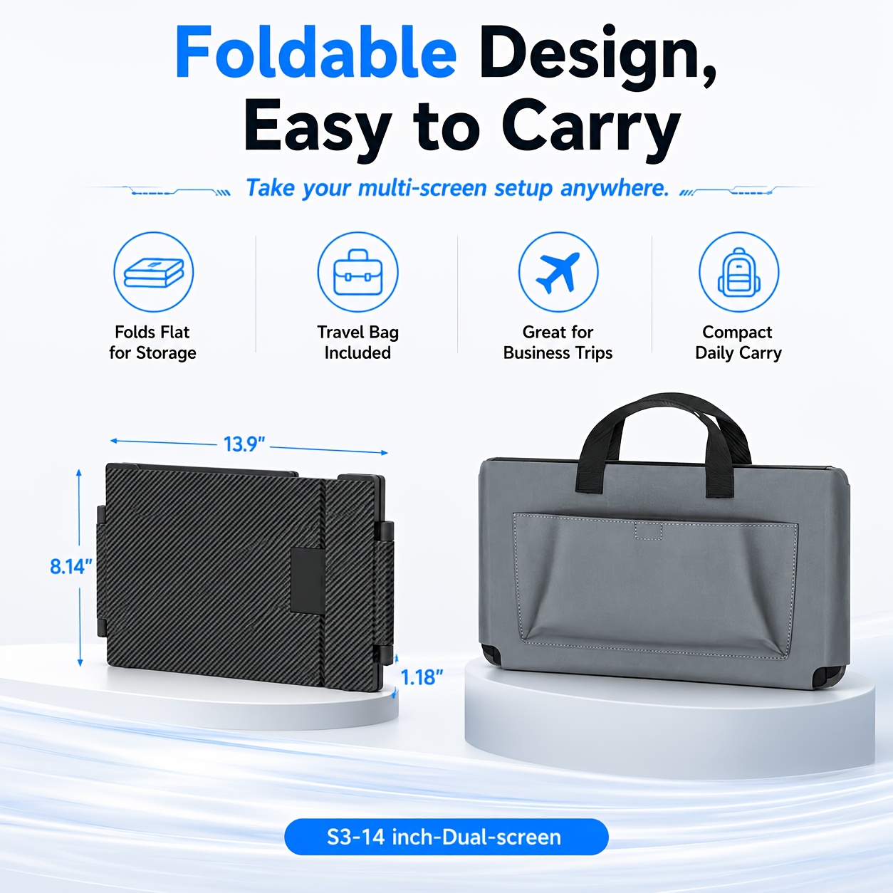 Laptop Screen Extender 14 / 15.6 Inch Dual Screen Portable Monitor, 1080P FHD IPS Screen, 178° Wide Viewing Angle, High Color Gamut, Plug And Play Three-Screen Expansion, Widely Compatible, USB-C/HDTV Video Output, Foldable External Monitor
