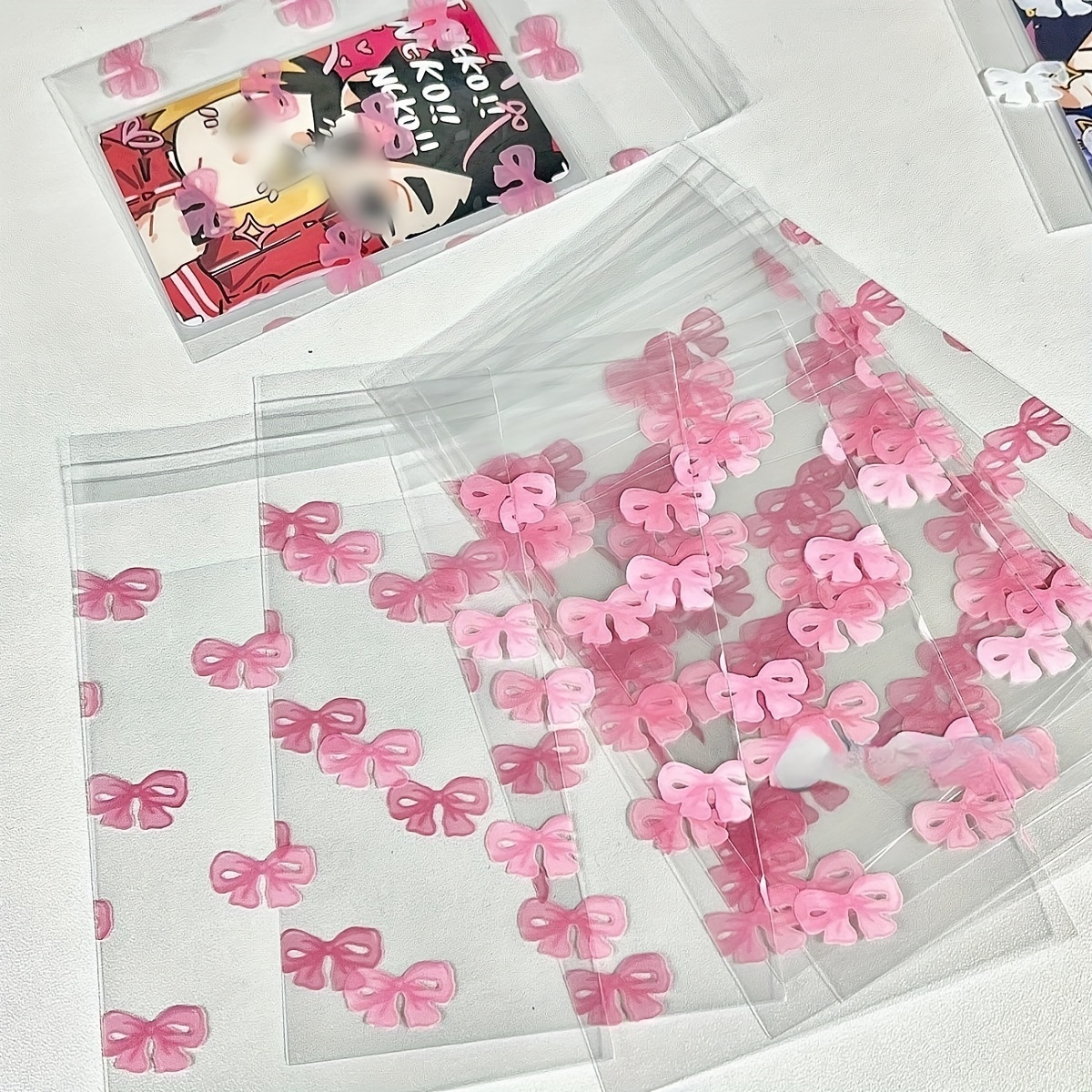 

50pcs Sac Auto-adhésif Rose Esthétique avec Nœud Sac Photo Carte Sac Ziplock Carte d'Emballage Sac Transparent Opp