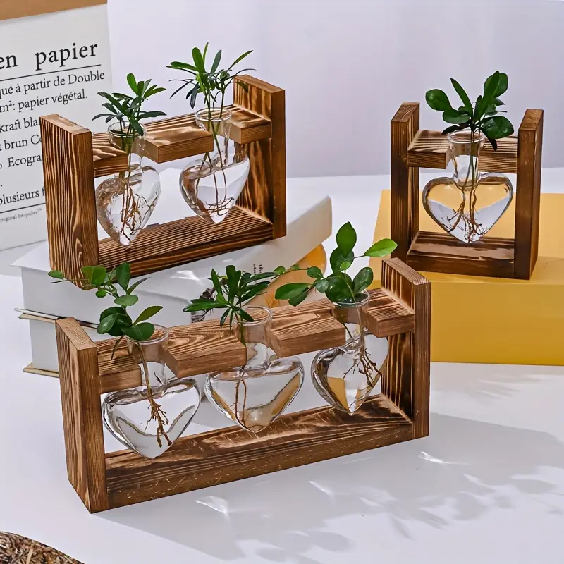 1 pack hydroponic plant terrarium love heart vase with wooden stand indoor hydroponic plant propagation station for home office garden decoration gift for flower pot lovers details 1
