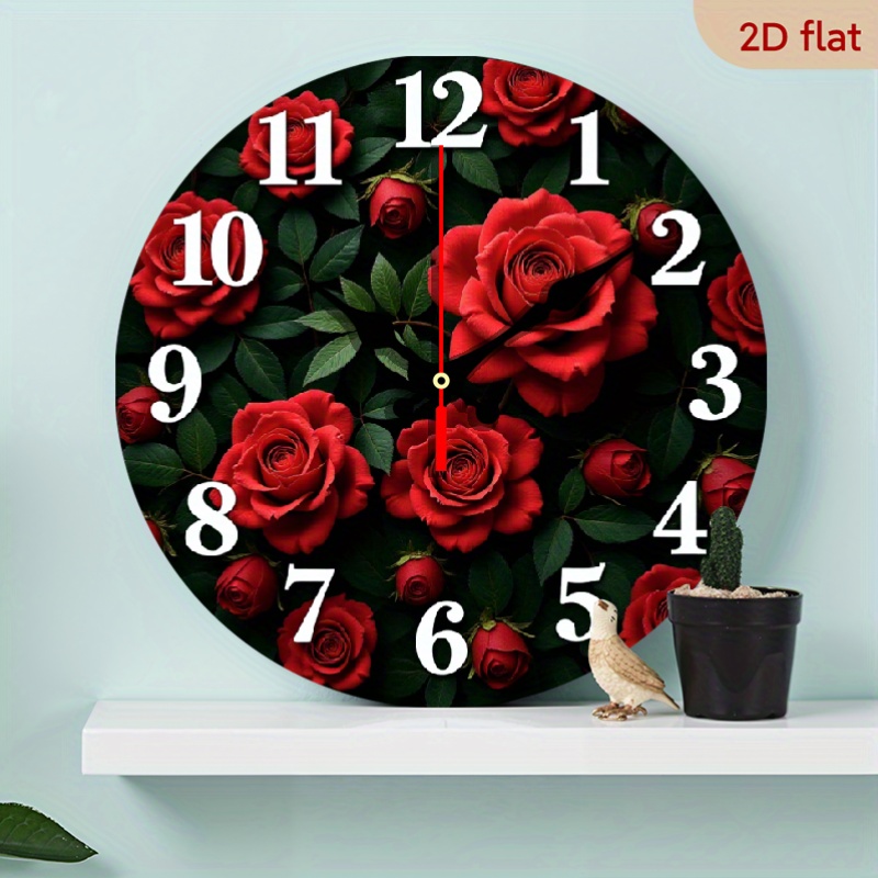 TEMU 2d Flat 1pc Silent Non-ticking Wall Clock With Red Rose Pattern - Elegant Wooden Decorative Clock For Bedroom, Living Room, Office, Kitchen,