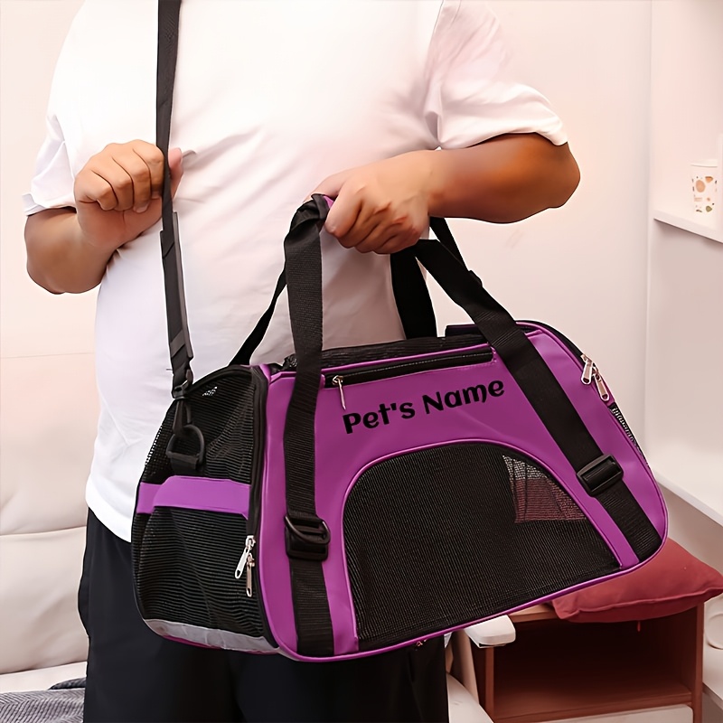 Personalized Embroidered Pet Name Portable Dog Backpack, Large Capacity Breathable Foldable Messenger Bag with Zipper Stretch Design-suitable for Most Small/medium/large Dogs and Cats, Purple/pink/black-size S/M/L
