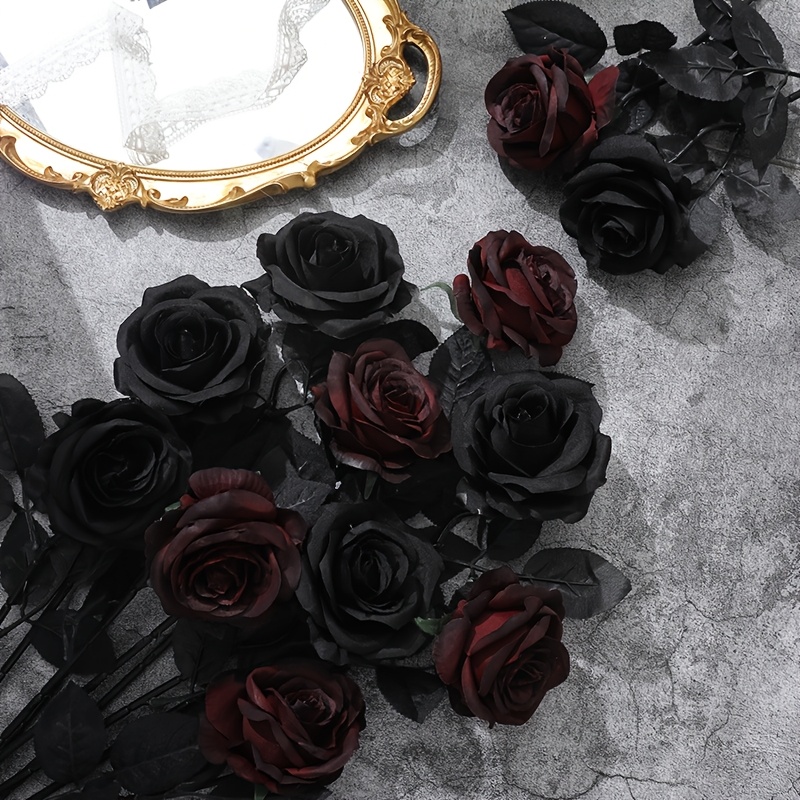 5pcs Black+5pcs Dark Wine Red Roses Halloween Party Interior Decoration Props Gothic Style Simulated Roses, Halloween Flowers