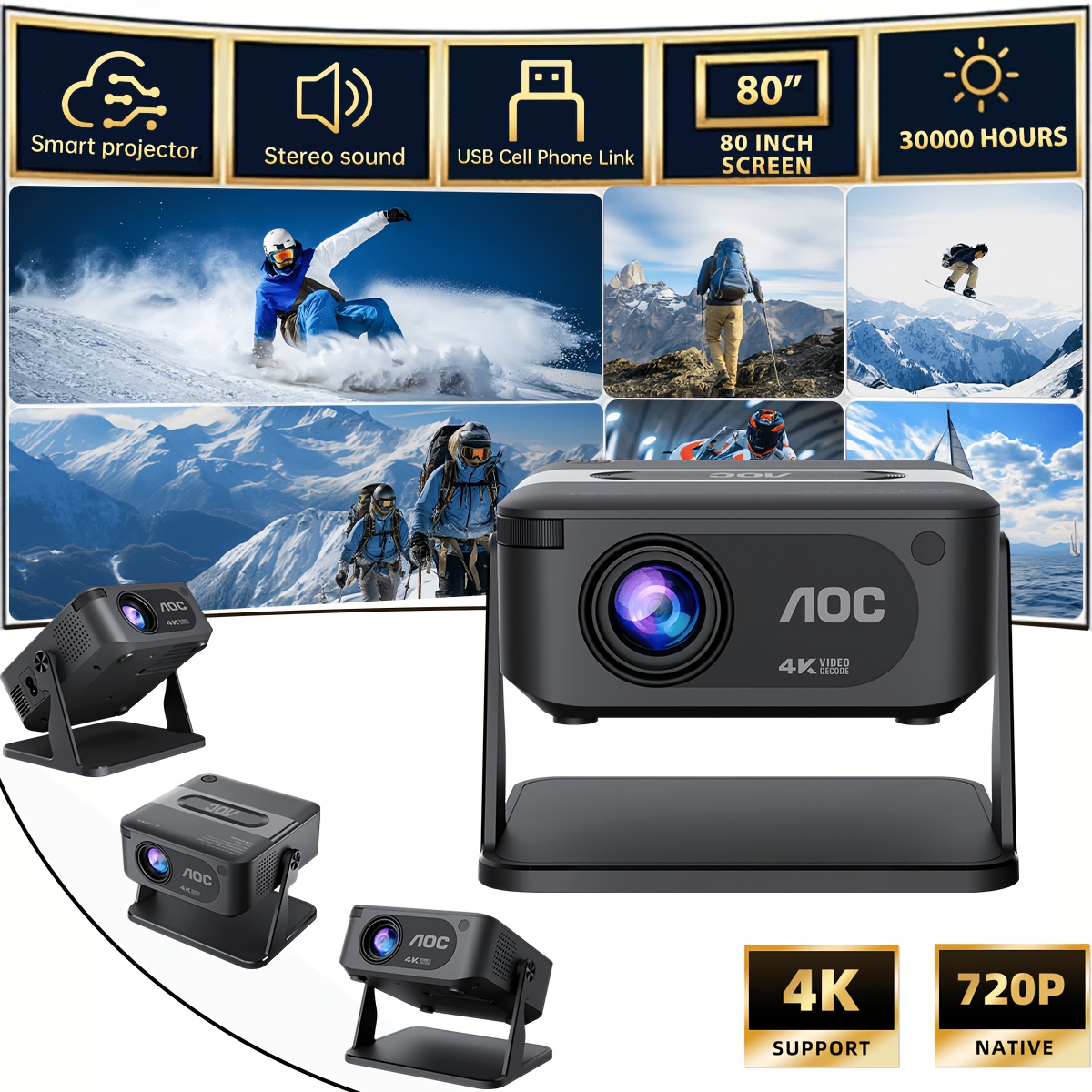 Local 720p Projector With 4k Support, With Auto Keystone, Wifi & Wireless, Short Throw Projector For Movies & Multimedia Entertainment