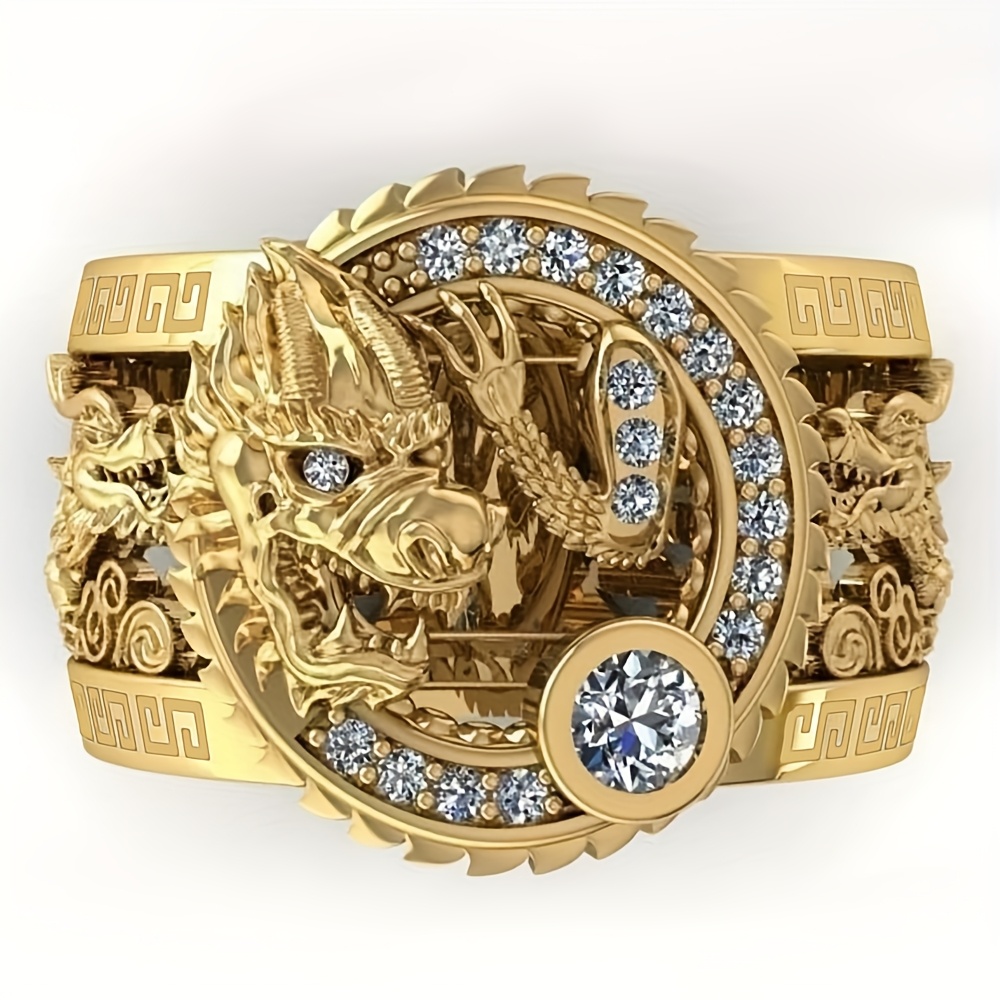 Chinese Style Auspicious Dragon Inlaid Zircon Men's Ring