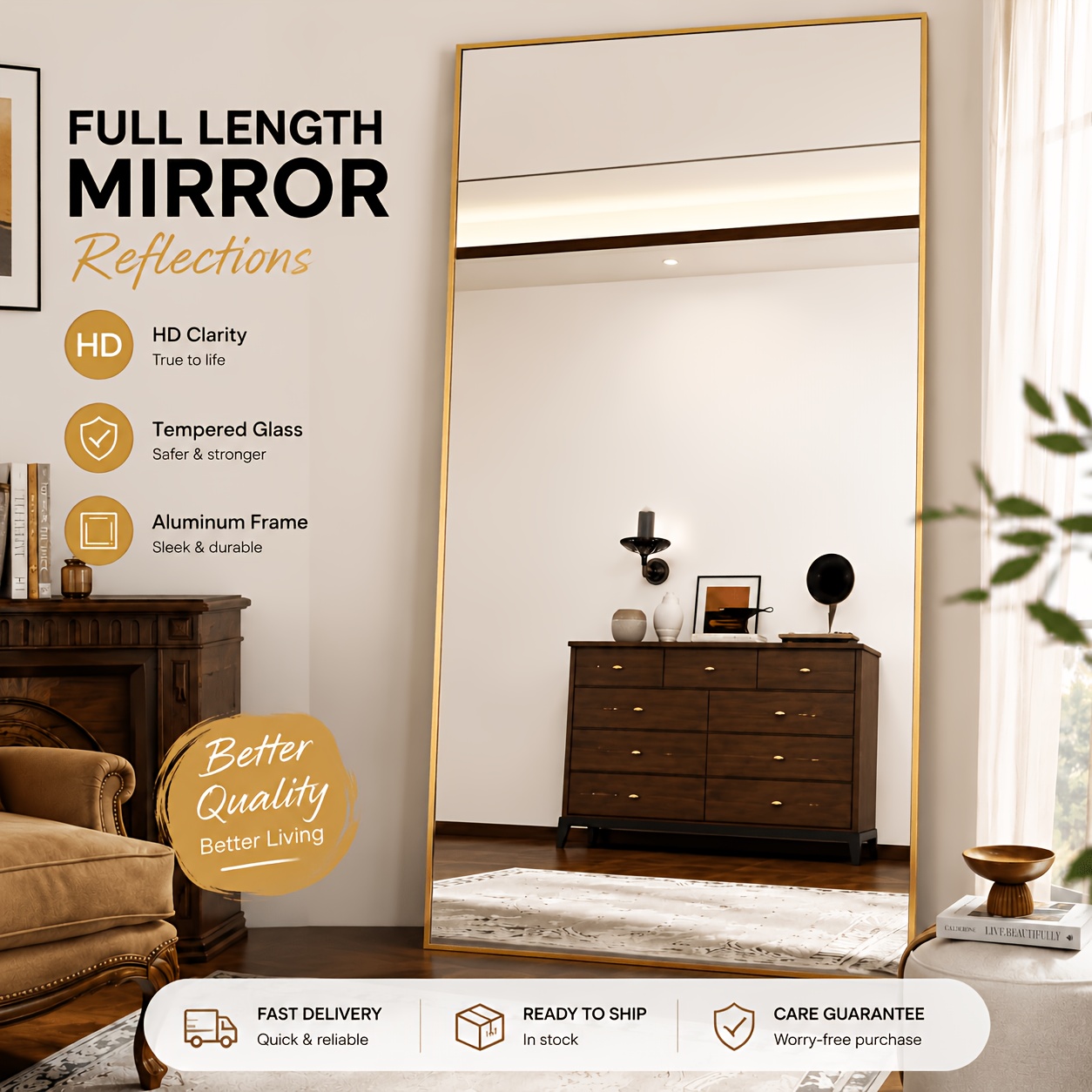 Image of 171×76cm Hd Full-length Mirror, Golden Floor-standing Dressing Mirror, Square Fitting Mirror, High- Glass Household Mirror, Bedroom/closet Mirror, Wall-mounted Mirror, Dual-