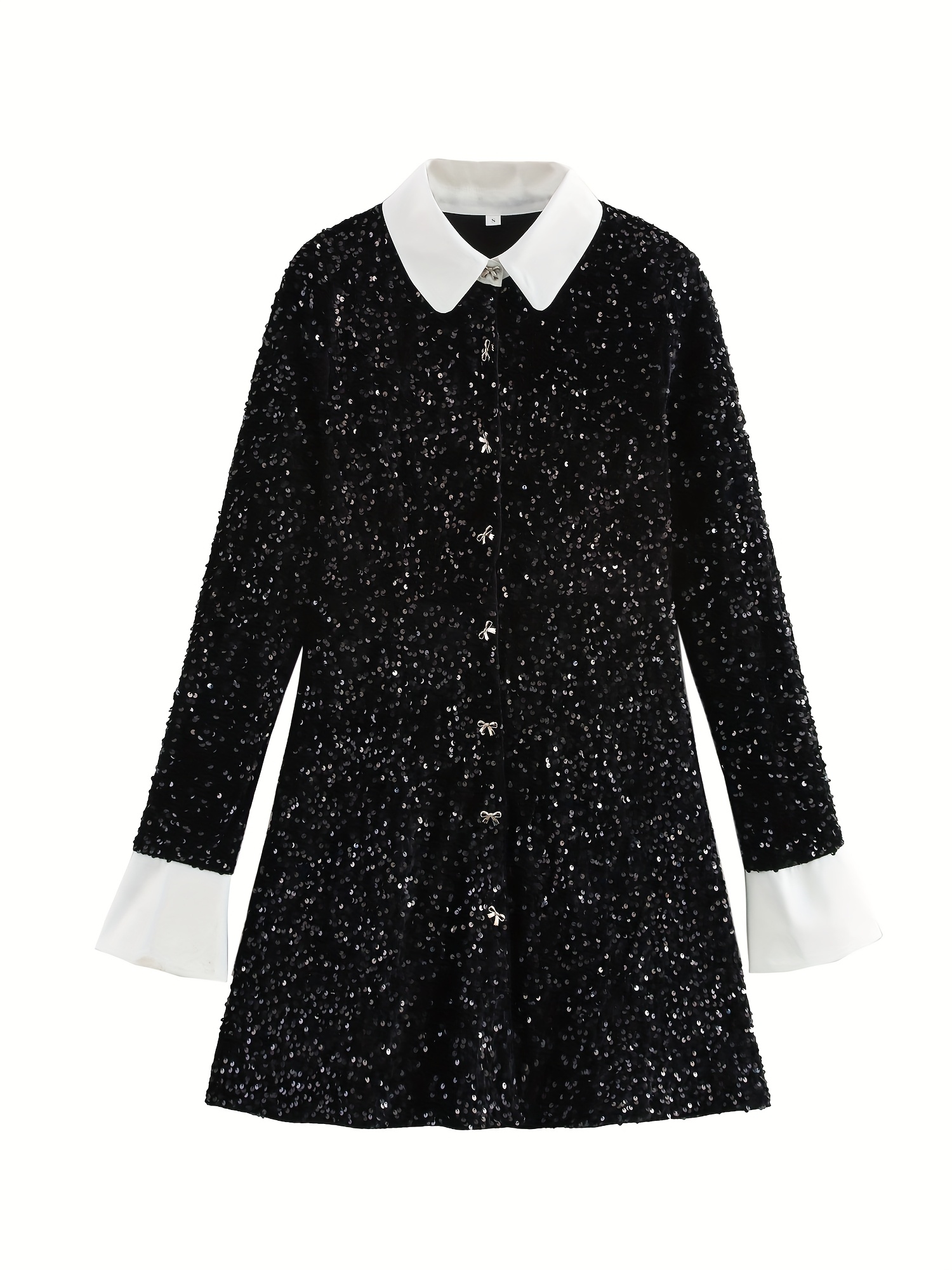 princess polly baby blue dress 1pc black sequin white collar cuff design long sleeve shirt