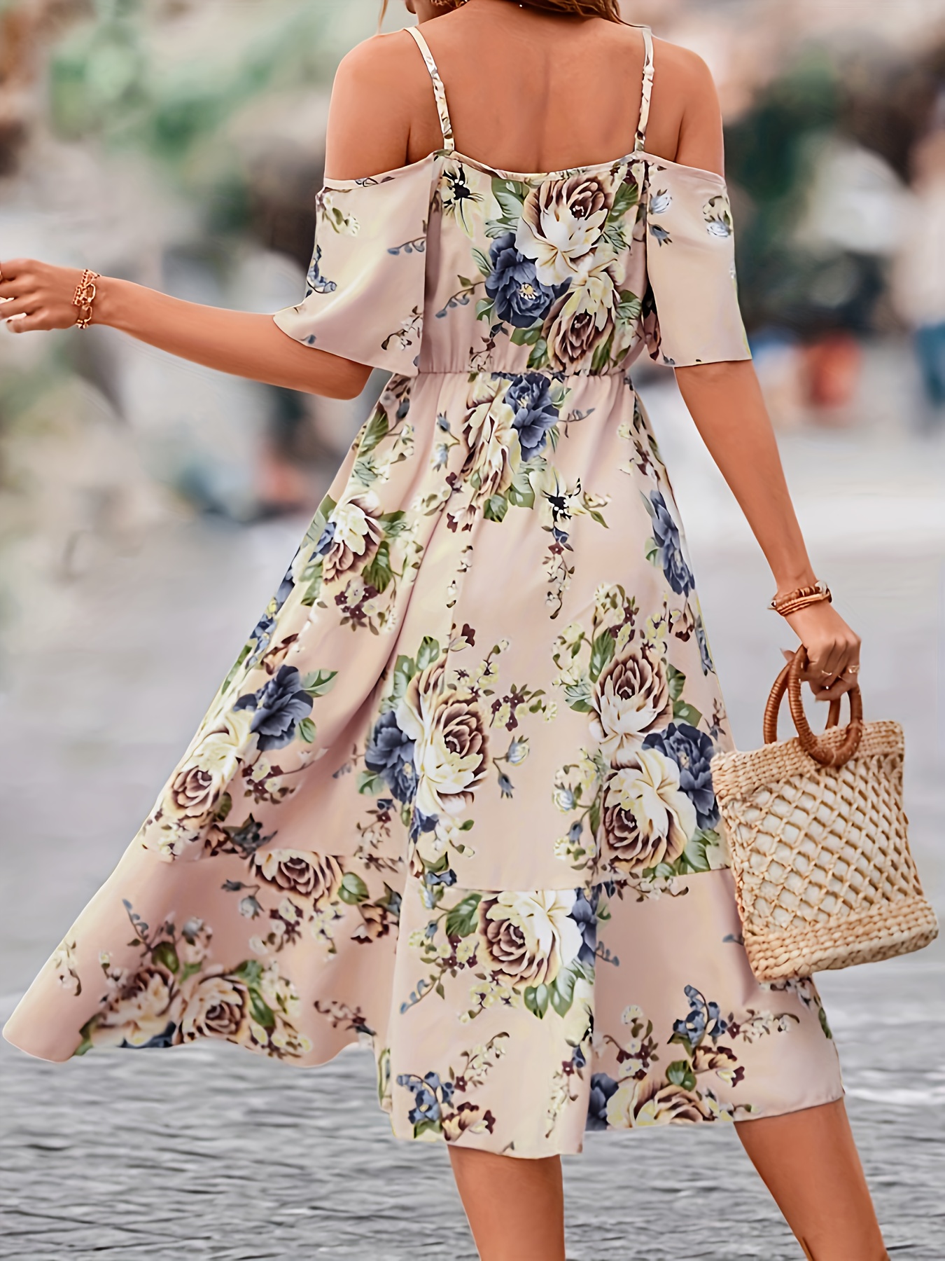 abito stampa a spalle scoperte elegante abito Temu Italy