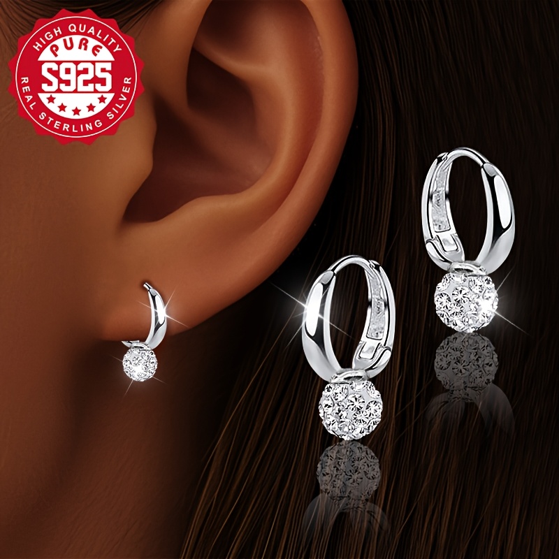 Image of Pair Of S925 Silver Sparkling Ball Earrings, Women's Fashion Ear Accessories With Shiny Ball Inlay, , , Luxurious And Elegant, Suitable For Music Festivals, Banquets, And Daily Wear, Hypoallergenic