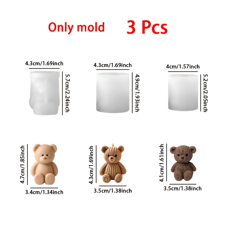 TEMU Stampo in silicone e resina - 3 mini stampi in silicone per candele a forma di orsetto, simpatici stampi per cera a forma di orsacchiotto per di
