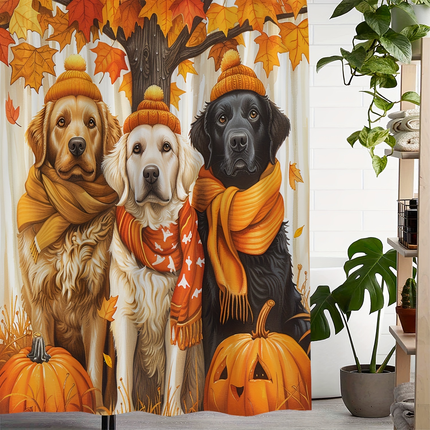 

Autumn Canine & Maple Leaf Pumpkin Print Waterproof Shower Curtain, Artsy Polyester Fabric, Machine Washable With 12 Hooks Included, Water-resistant Vintage Style Decor Curtain For Bathroom & Windows