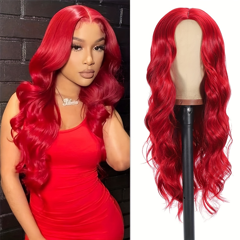 TEMU Wigs For Women 26 Inch Long Red Center Parting Wavy Wigs For Women Natural Looking Synthetic Wig Heat Resistant Fiber Wig For Daily Party Womens Wigs