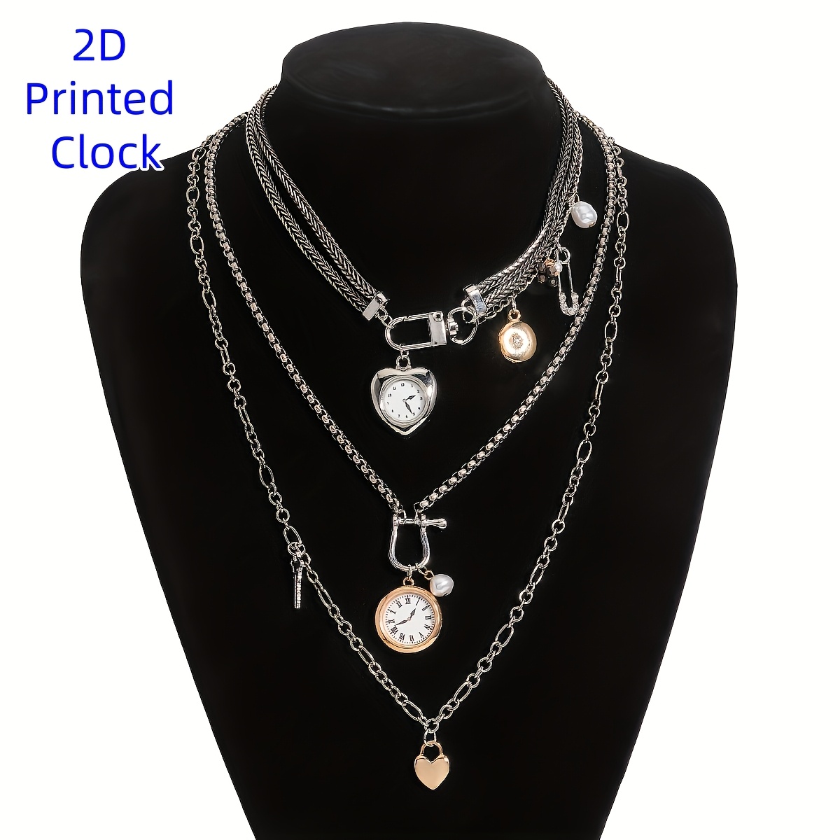 3pcs Vintage Heart Clock Pendant Necklace Set, Elegant Chain Necklace For Daily , Holiday Party Gift, Christmas Gift, Valentine's Day Gift, Carnival Gift, Everyday Charm Jewelry - 2d Printed Clock