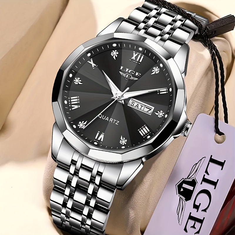 

Lige New Business Men's Watch Stainless Steel Strap Dual Calendar Watch Zinc Alloy Case Luxury Waterproof Luminous Date Watches Holiday Party Gift Watch Classic Fashion.