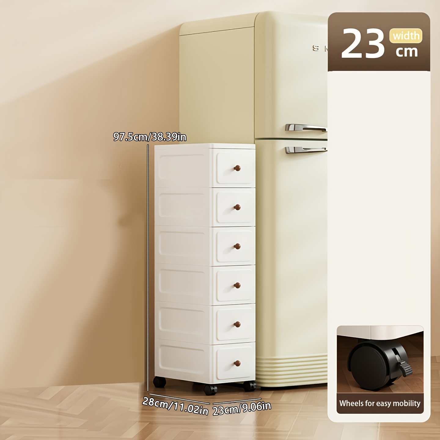 E-shop 23CM Spalt-Schrank - Schubladen-Schrank - Mehrschichtig - mit Rollen an der Unterseite - Schmaler Spalt-Schrank für kleine Aufbewahrung -
