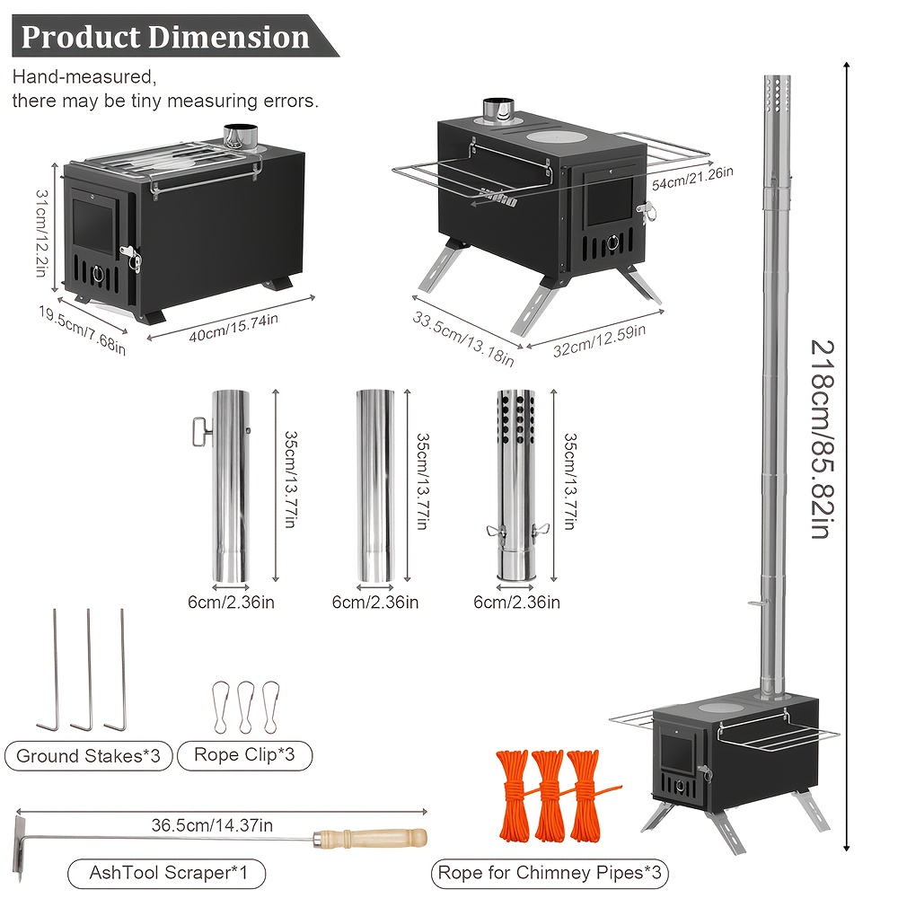 TEMU Poêle de Camping UNHO Hot Tent : Poêle à Bois d'Extérieur Portable de 86" avec 6 Tuyaux de Cheminée, Poêle de Foyer de Jardin pour Chauffage et