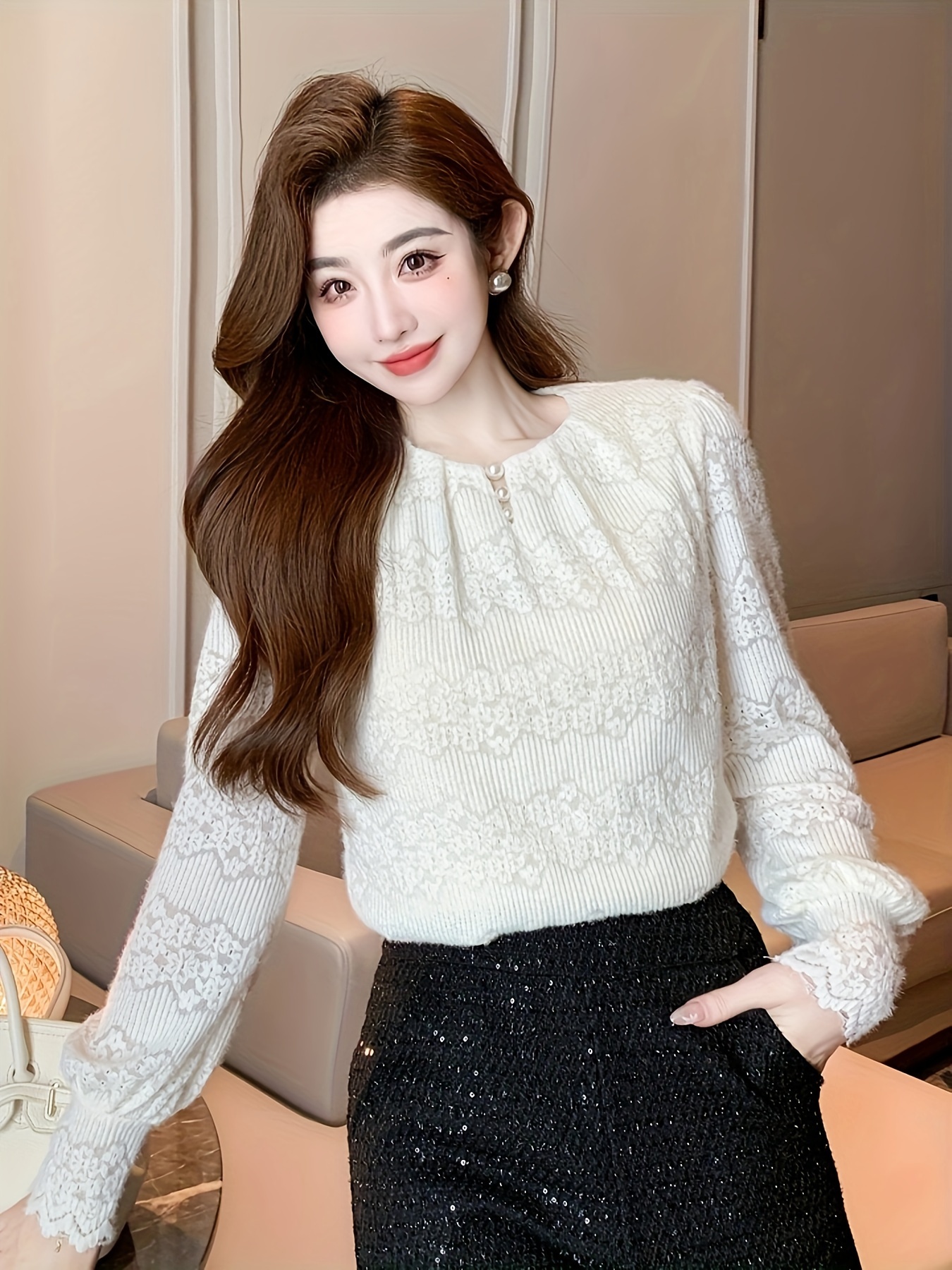elegant white lace like collar blouse round neck long sleeve