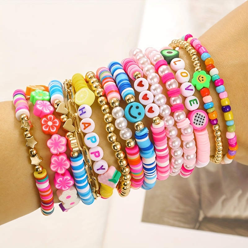 

14-piece Bohemian Style Colorful Polymer Clay Friendship Bracelet Set With Love And Flower Charms, Star Accents, And Mixed Beads For Party And Vacation Accessory, No Plating -