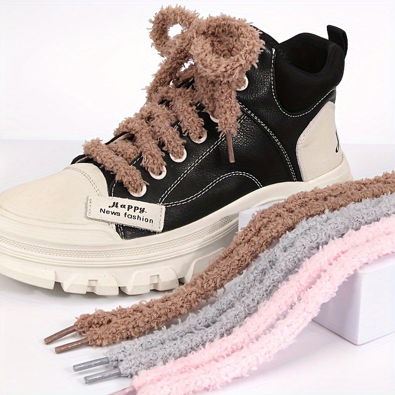 Pair Flannel Lace Shoelaces Cute Soft Solid Color Round for  Fashionable Casual Footwear */Pink/Gray Autumn and Winter