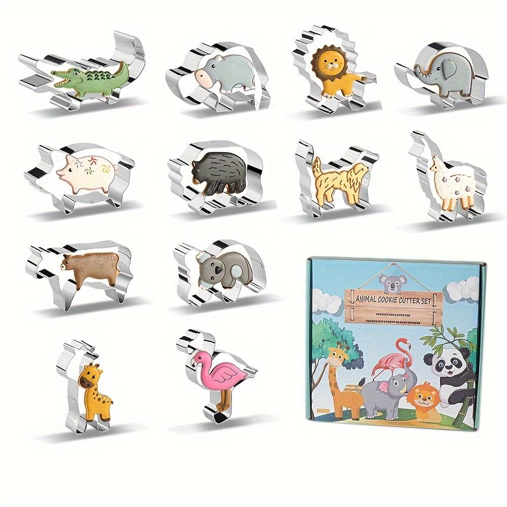 12pcs Animal-themed Cookie Cutter Set Made Of Stainless Steel, Featuring Shapes Like Alpaca, Lion, Giraffe, Hippo, Koala, Elephant, Puppy, Cow, Pig, Crocodile, Flamingo, And Panda, Perfect For Baking