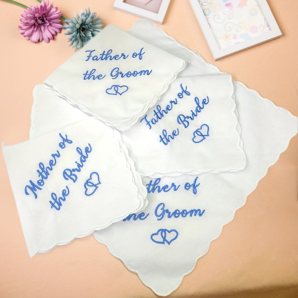 TEMU 4pcs Blue Embroidered Handkerchief For Bridesmaid & Mom And Dad Gift, Ideal For Weddings And Bridal Showers