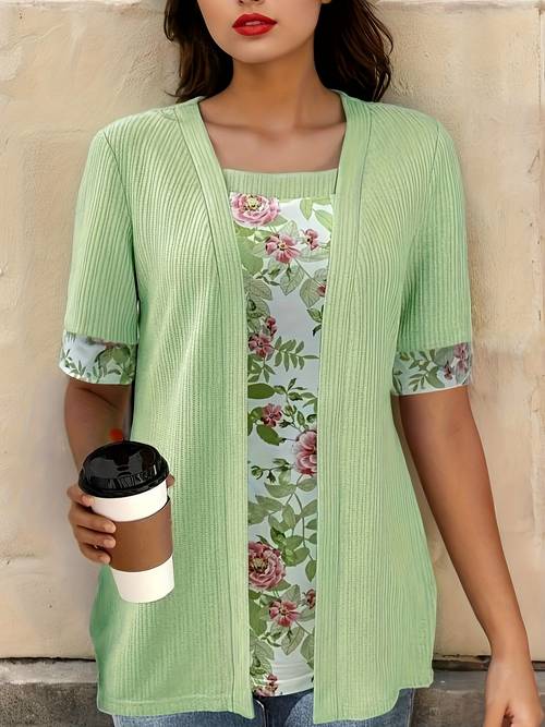 bohemian einfarbiges 2-in-1 look kurzarm-t-shirt für damen