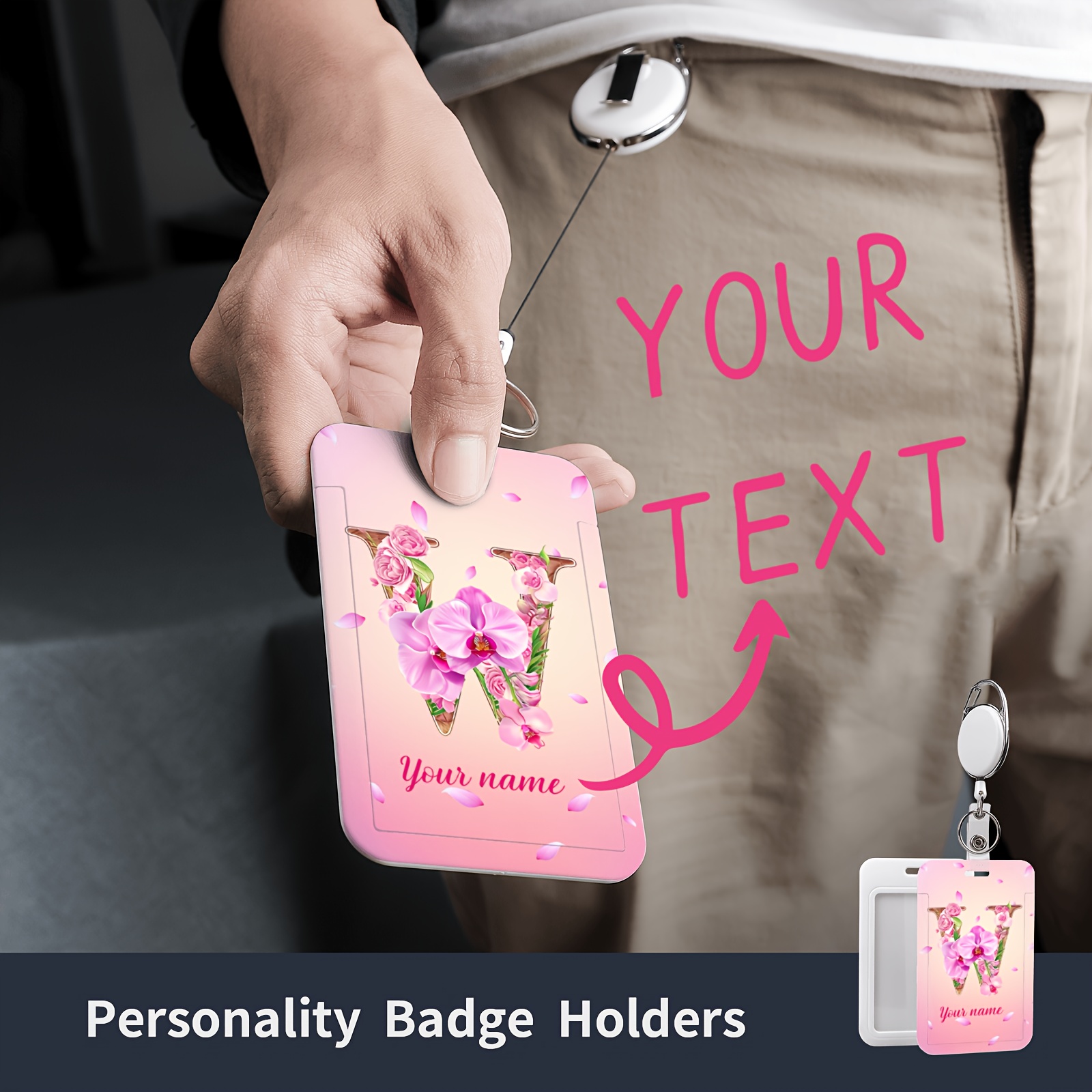 

Custom Pink & Letter Name Id Badge Holder - Diy Personalized Card Case With Clear Lanyard, Retractable Reel & Safety Clip For Office, Events & Conferences - , Easy Clean