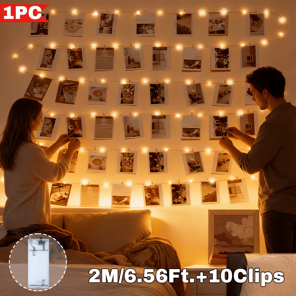 TEMU 1pc, Majisu Photo Clip Fairy String Lights, 100/50/20led With 50/25/10 Clips, Warm White, Battery Box Supplied, For Card Bedroom Photo Wall