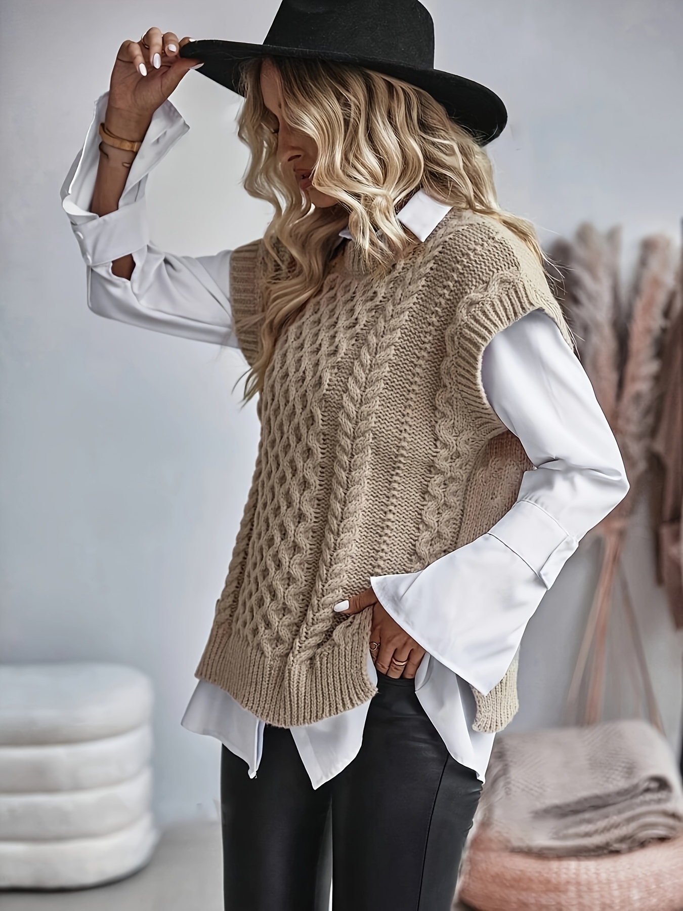 women's plus size knit vest casual crew neck solid color Temu Canada