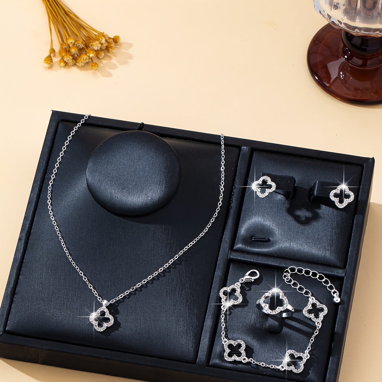 Luxury Rhinestone 4pcs Set: Necklace, Bracelet, Ring, And Stud Earrings - Gift Jewelry Set