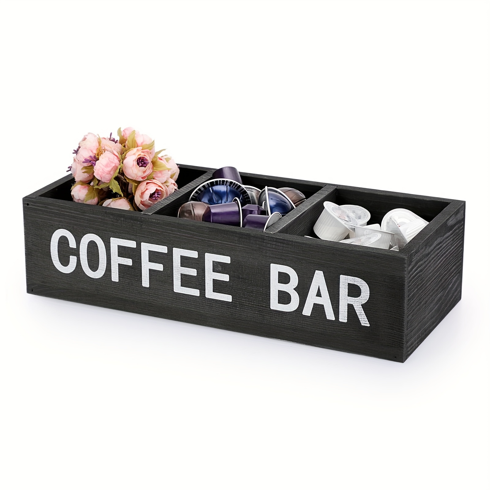 TEMU Boîte de rangement en bois pour bar à café avec grilles amovibles, organisateur de station à café, support de capsules de café, accessoires de