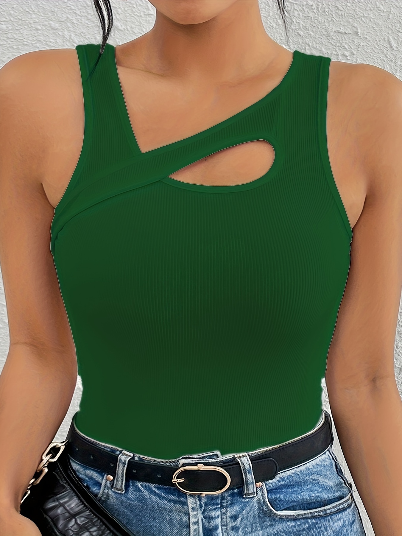 Women's Sexy Slim Fit Sleeveless Boat Neck Tank Top - Stretchy Knit Fabric with Keyhole Cutouts, All-Season Versatile Wear, Machine Washable Solid Color, Ladies Tank Tops