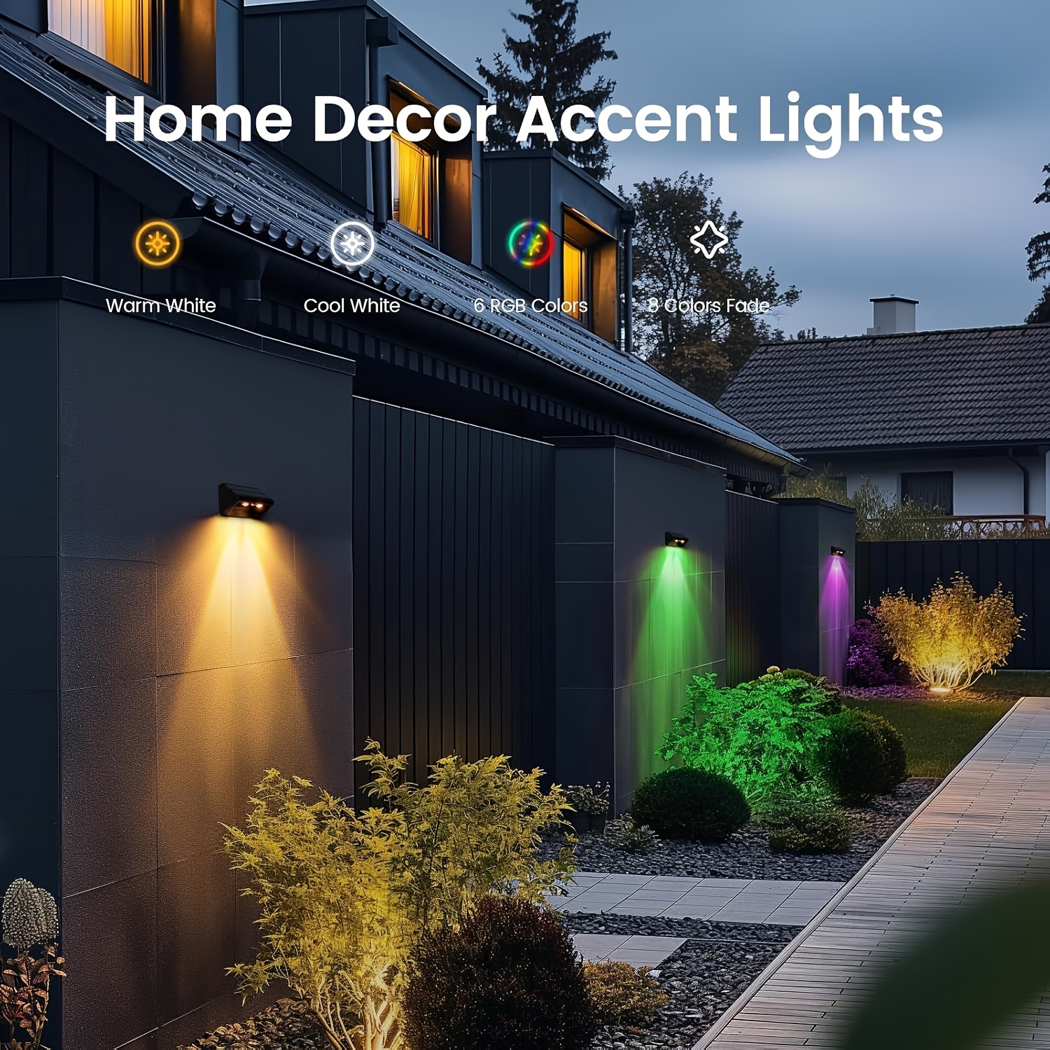 outdoor solar fence lights 4 pack warm   white rgb 7 color solar wall lights solar deck lights for railings walls deck fence porch lights lights street lights patio house and garage Product details 7