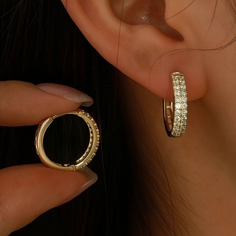 Image of 1 Pair Elegant Easy Double-layer Rhinestone Inlaid Hoop Earrings, Japanese Korean Style, Suitable For Women' Gifting And Banquet Occasions