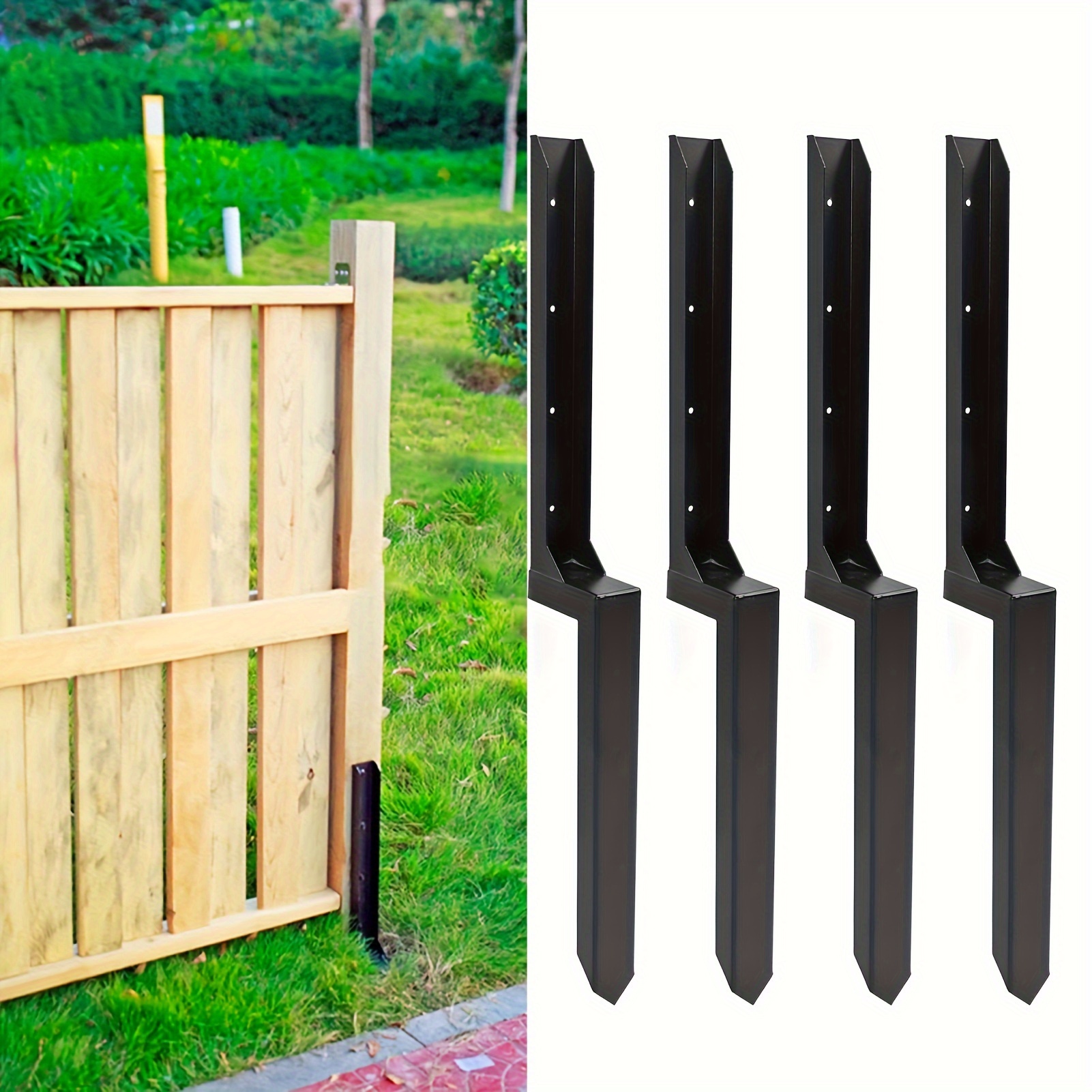 

4-pack Heavy Duty Steel Fence Post Repair Stakes - Ground Anchors For /broken Wooden Posts, Outdoor Use