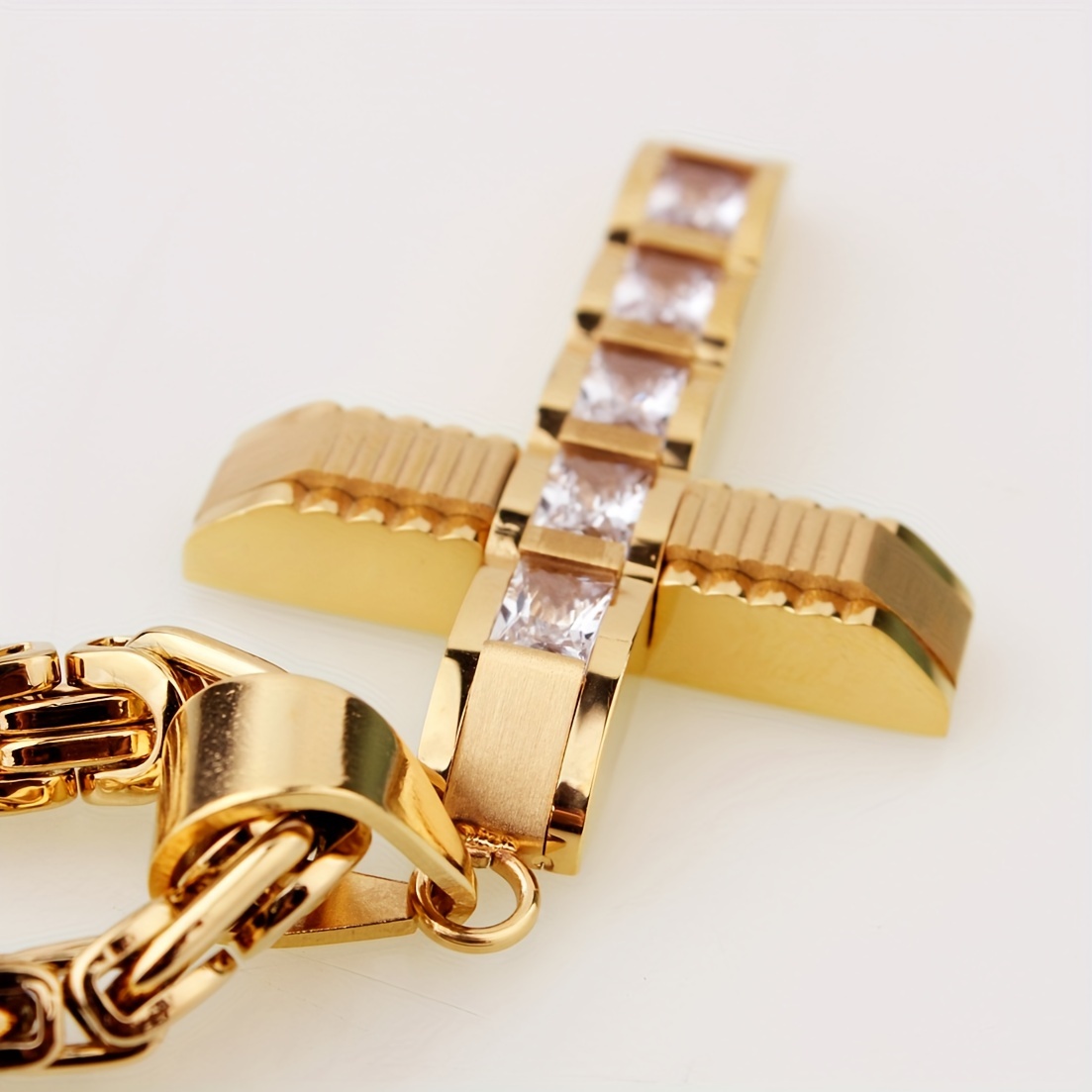 mens stainless steel golden cross pendant necklace details 4